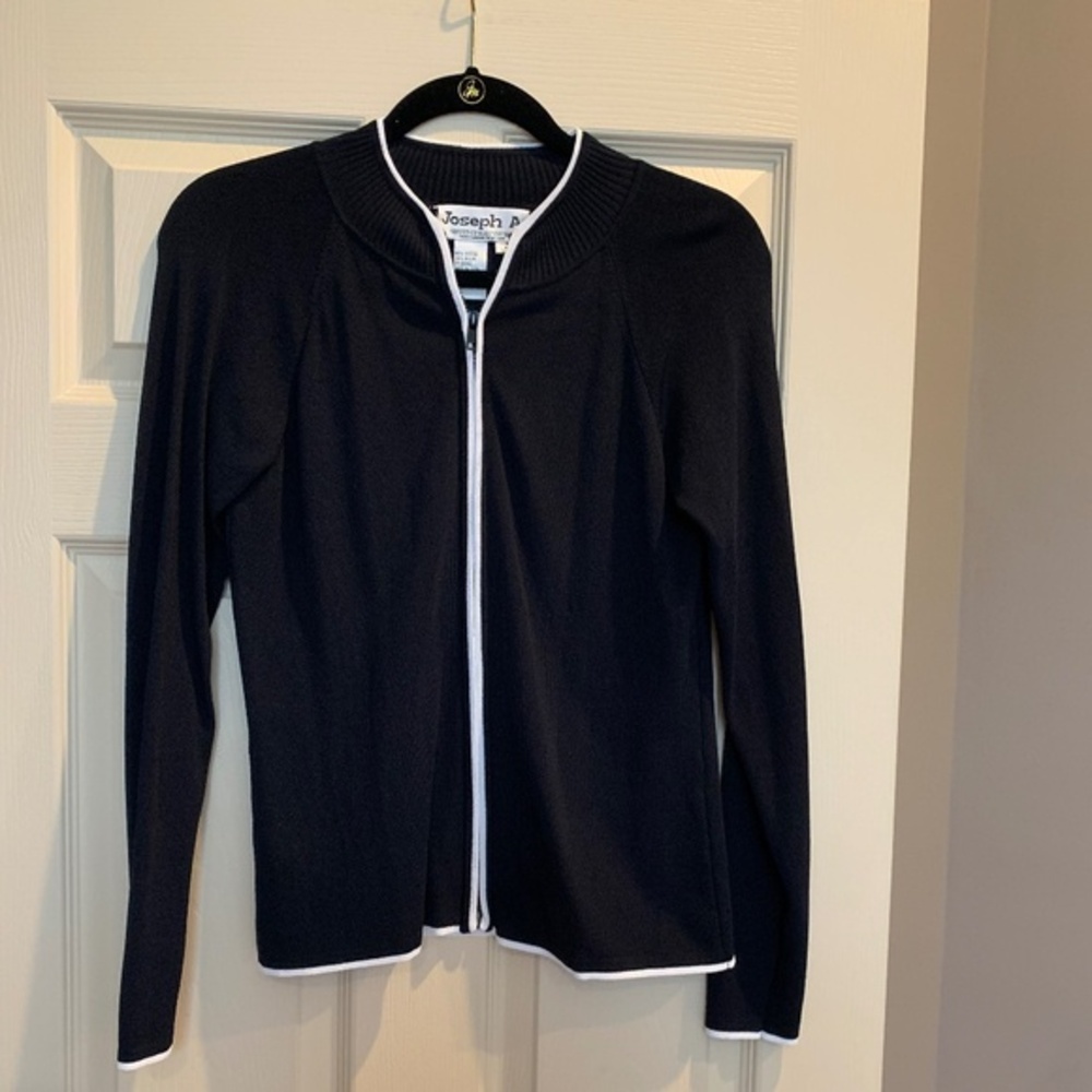 Joseph A Black/White Knit Zip front Cardigan Sweater sz L - Picture 1 of 3